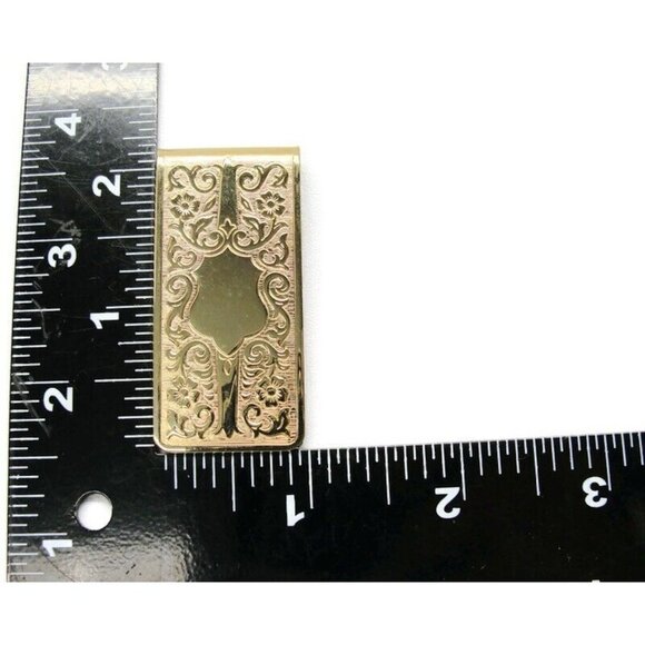 Calibri Gold Tone Floral Etched Monogramable Money Clip Stainless Steel Wallet - Picture 7 of 8